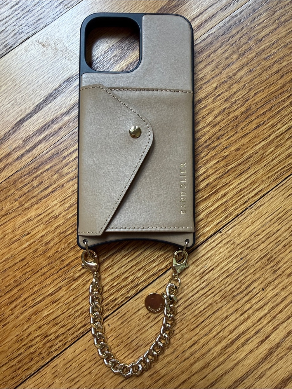Bandolier Tan Leather Phone Case with Gold Chain Wristlet Strap iPhone 13 Promax